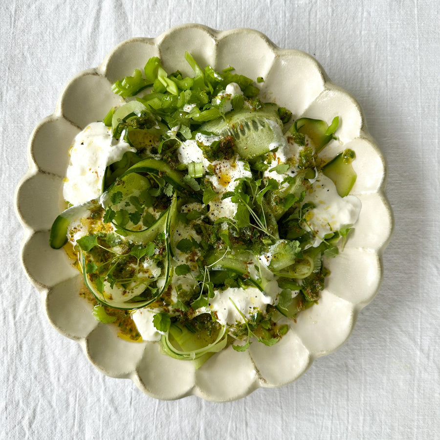 Cucumber and Stracciatella Salad with Jalapeño Vinaigrette